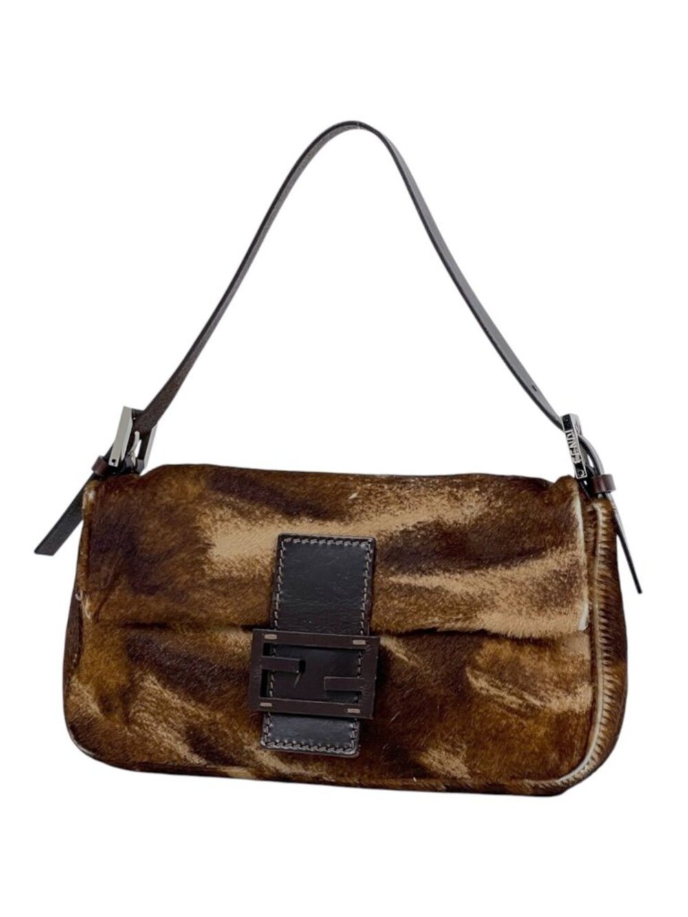 Fendi Shoulder Bag Zucca Logo Mamma Baguette Calf Hair Brown